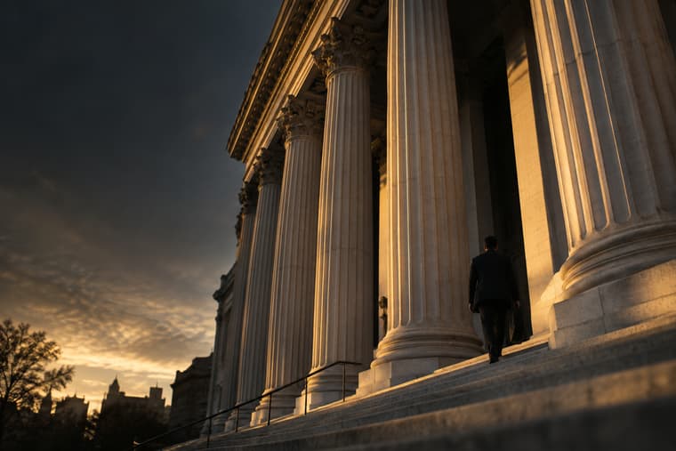 Courthouse columns at sunset